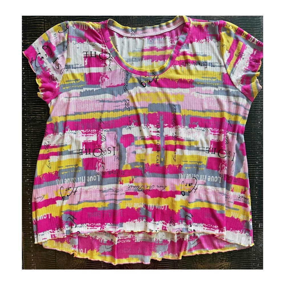 Multi-Color High-Low Hem Short Sleeve Lightweight Colorful Top Yellow Pinks Sz M - Picture 3 of 7
